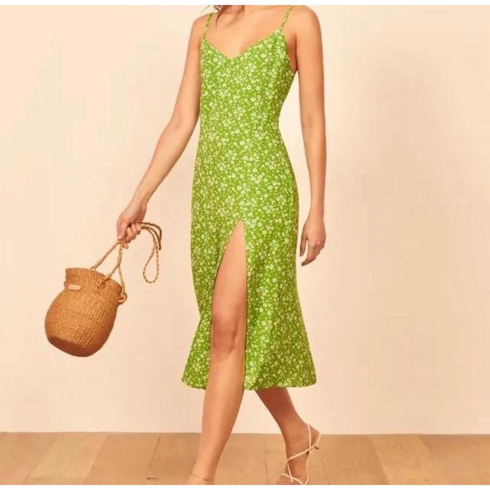 Reformation Bright Green White Dainty Floral Halsten Slip Midi Dress - 12